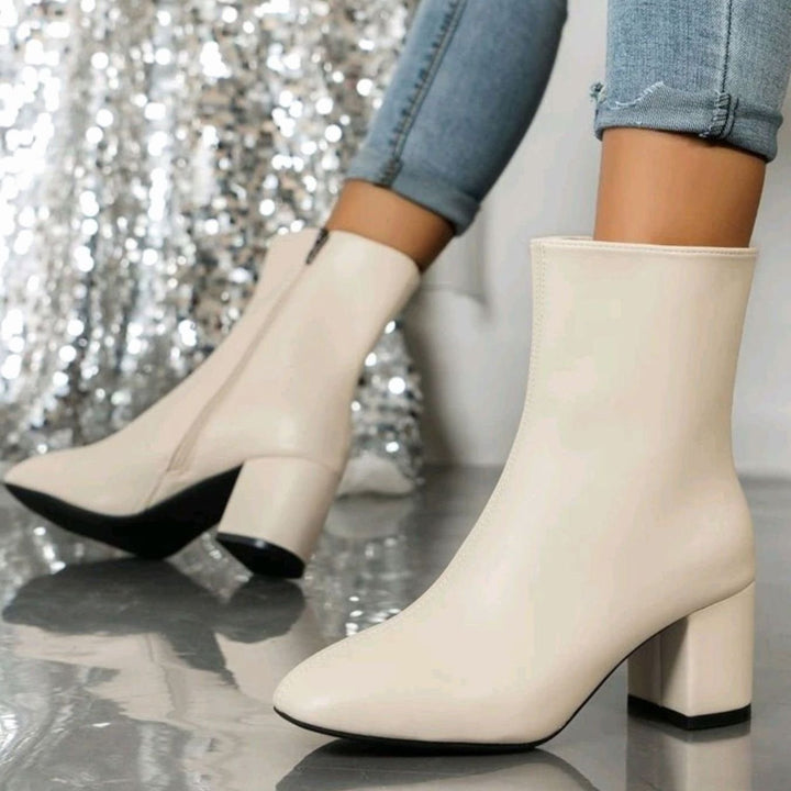 Dames Spitse Enkellaarsjes met Blokhak en Zijrits - Beige