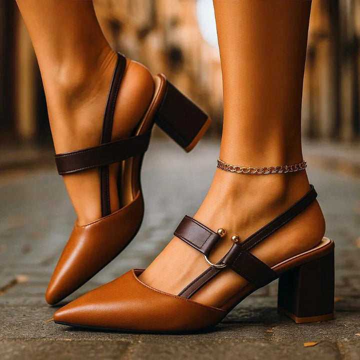Dames Spitse T-Strap Blokhak Pumps