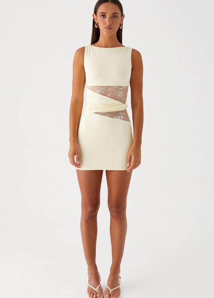 Dames Strakke Mouwloze Kanten Taille Feestjurk Mini - Geel