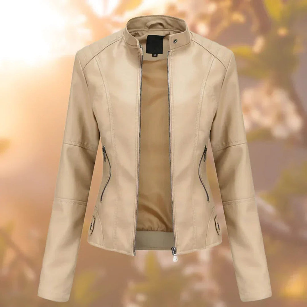 Dames Strakke Ritssluiting Motorstijl Leather Jacket - Beige
