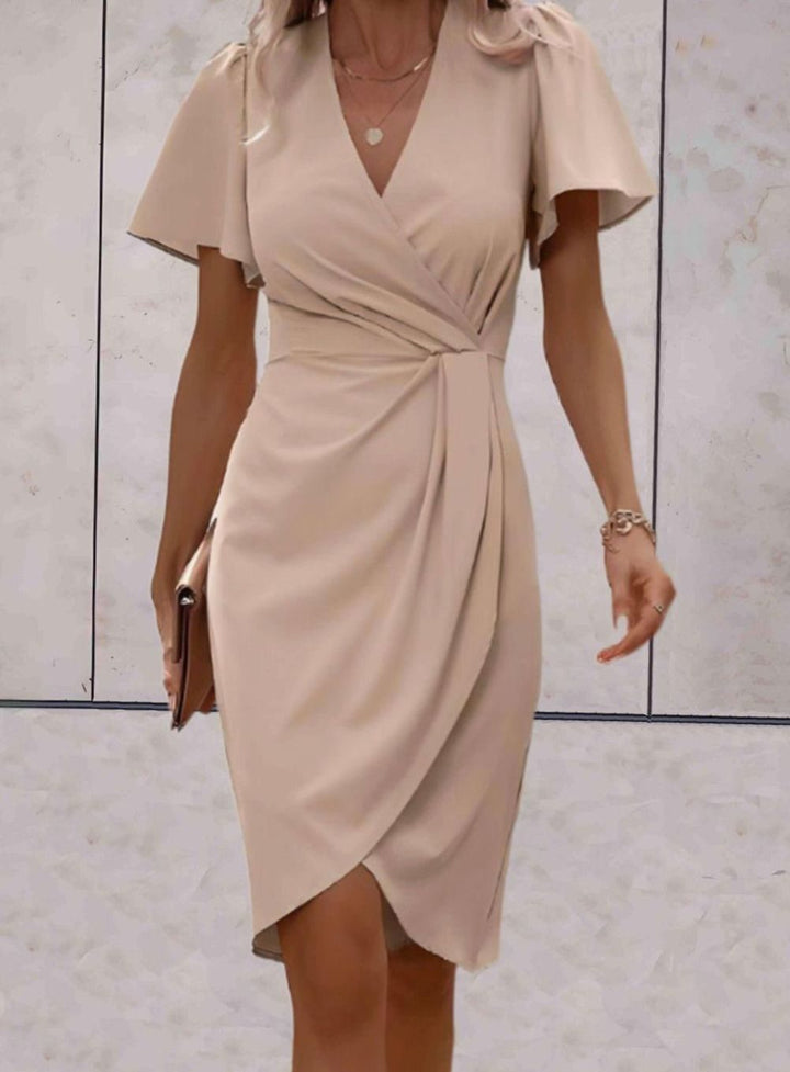 Dames Strakke V-hals Wikkeljurk Vlindermouwen - Beige