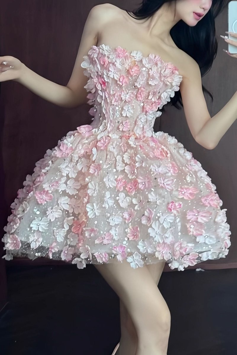 Dames Strapless 3D Bloemen Cocktailjurk Korte Feestjurk
