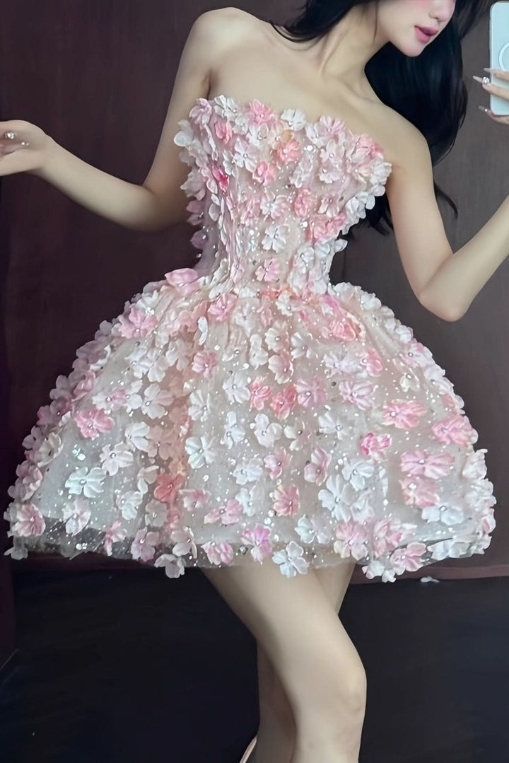 Dames Strapless 3D Bloemen Cocktailjurk Korte Feestjurk