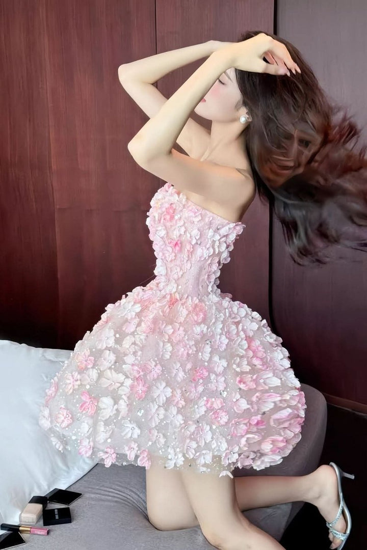 Dames Strapless 3D Bloemen Cocktailjurk Korte Feestjurk