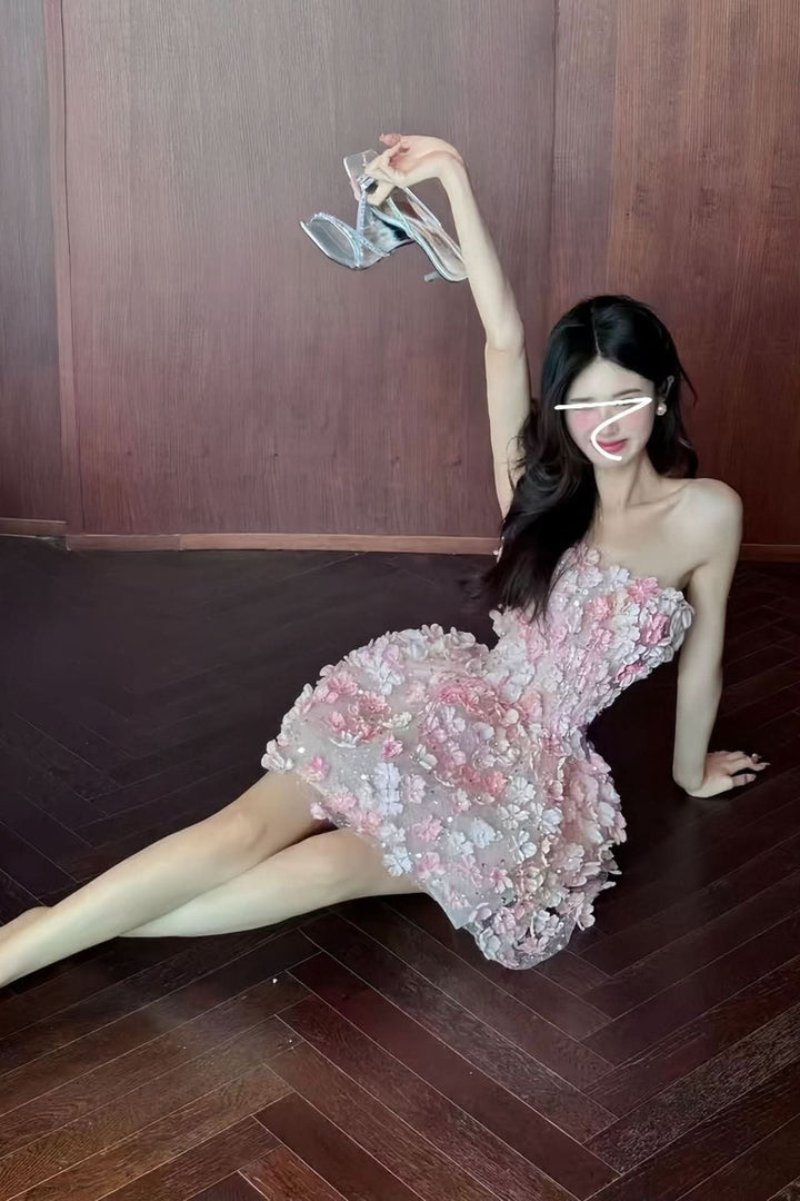 Dames Strapless 3D Bloemen Cocktailjurk Korte Feestjurk
