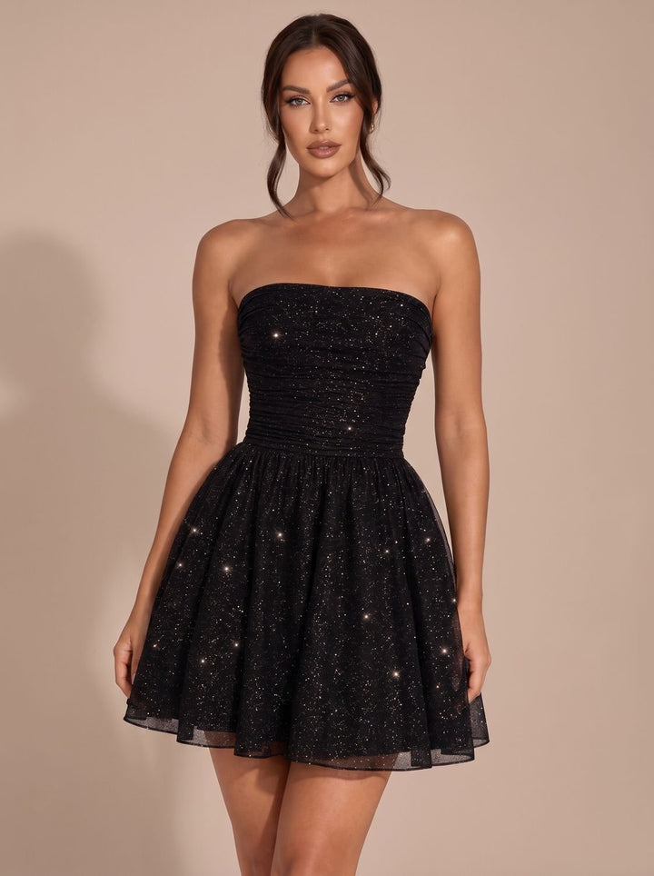 Dames Strapless Corset Pailletten Mini-jurk met Glitter