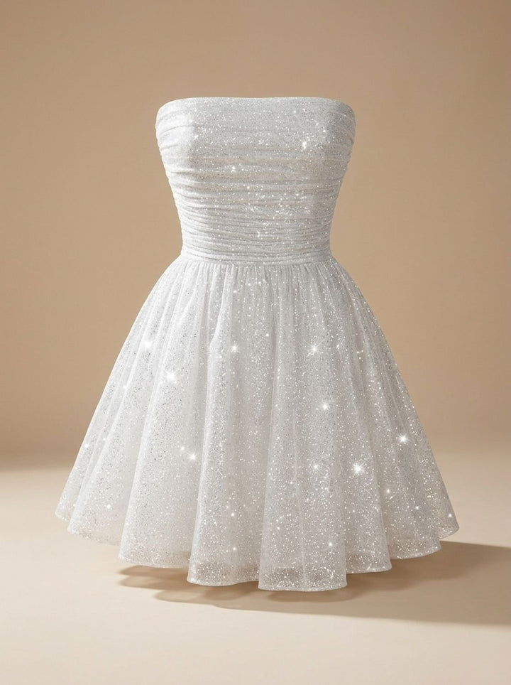 Dames Strapless Corset Pailletten Mini-jurk met Glitter - Wit