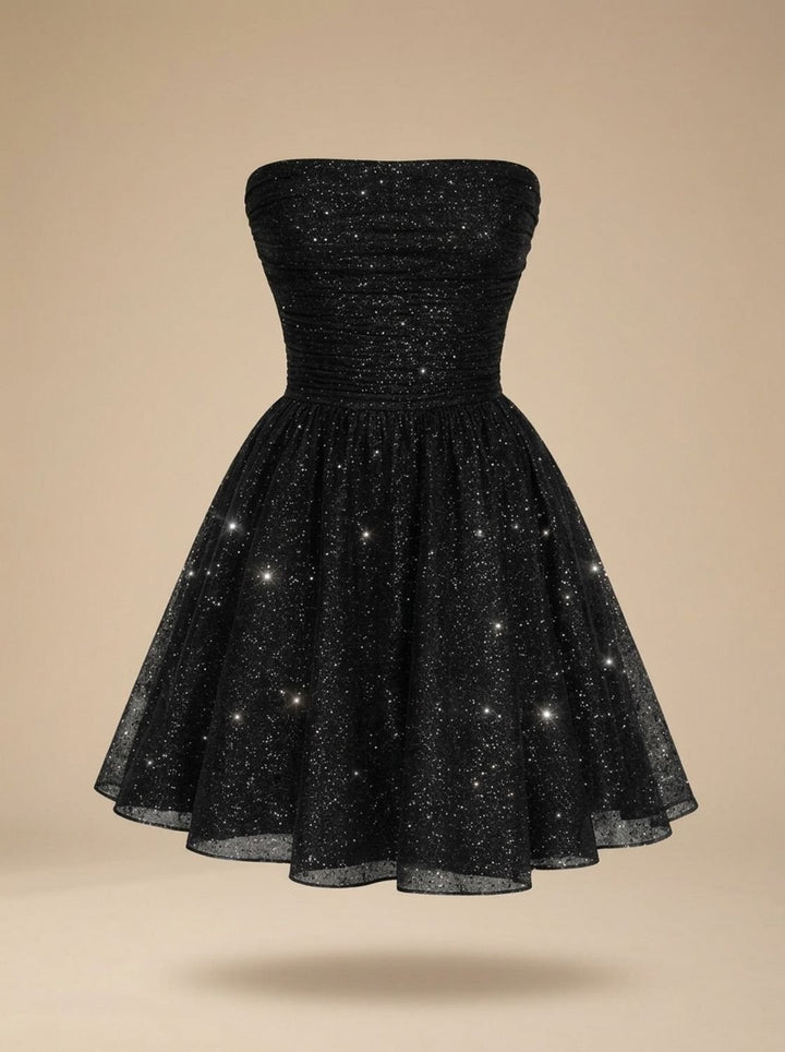Dames Strapless Corset Pailletten Mini-jurk met Glitter - Zwart
