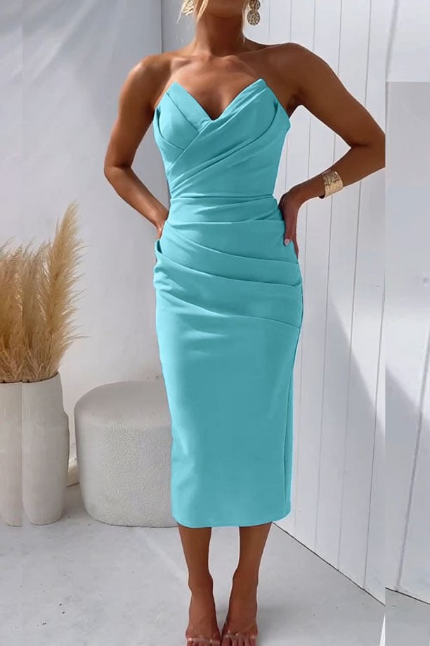 Dames Strapless Gedrapeerde Midi Cocktailjurk - Turquoise