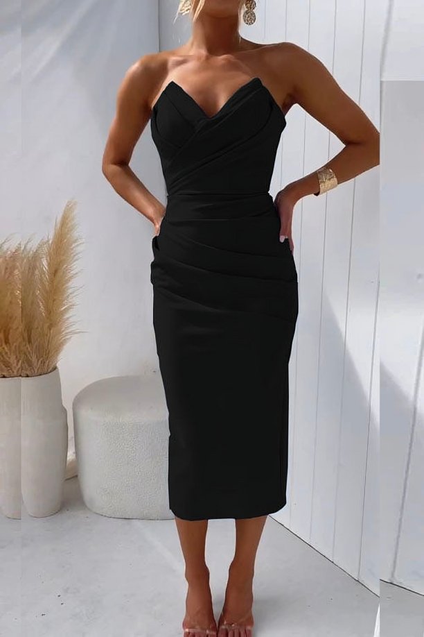 Dames Strapless Gedrapeerde Midi Cocktailjurk - Black