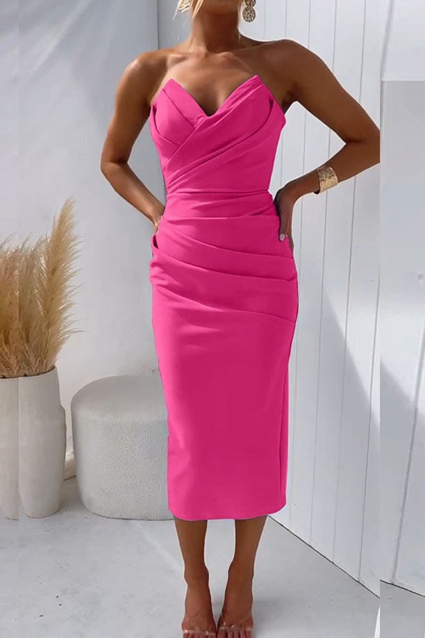 Dames Strapless Gedrapeerde Midi Cocktailjurk - Rose