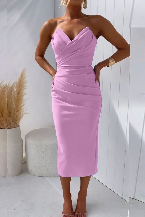 Dames Strapless Gedrapeerde Midi Cocktailjurk - Pink