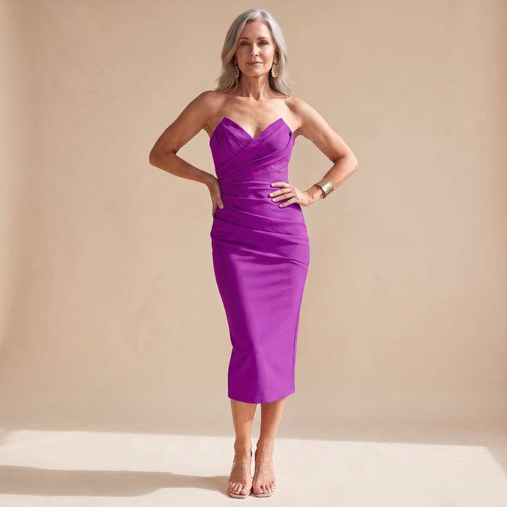 Dames Strapless Geplooide Feestjurk Midi Sweetheart - Lila