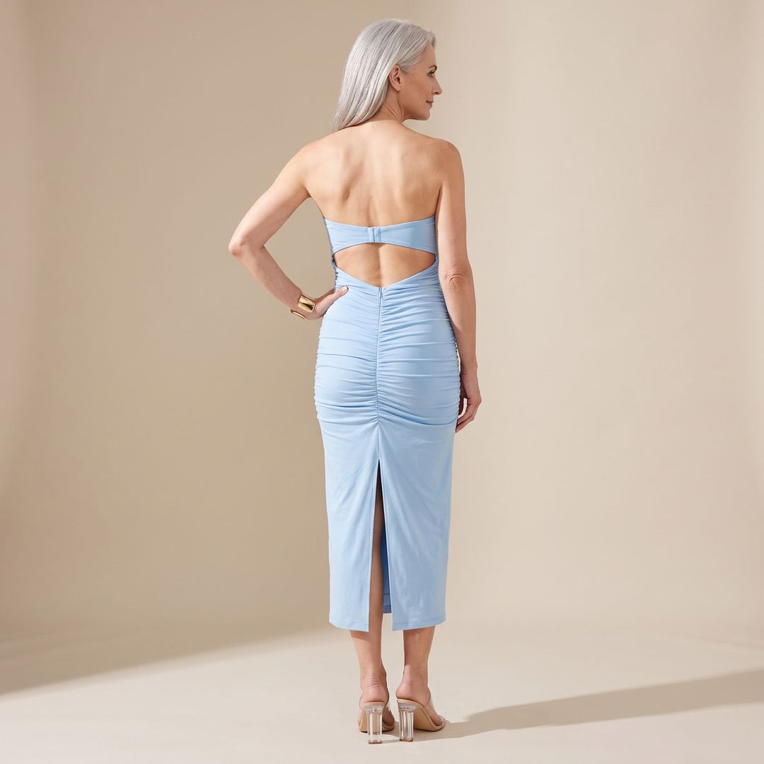 Dames Strapless Geplooide Feestjurk Midi Sweetheart