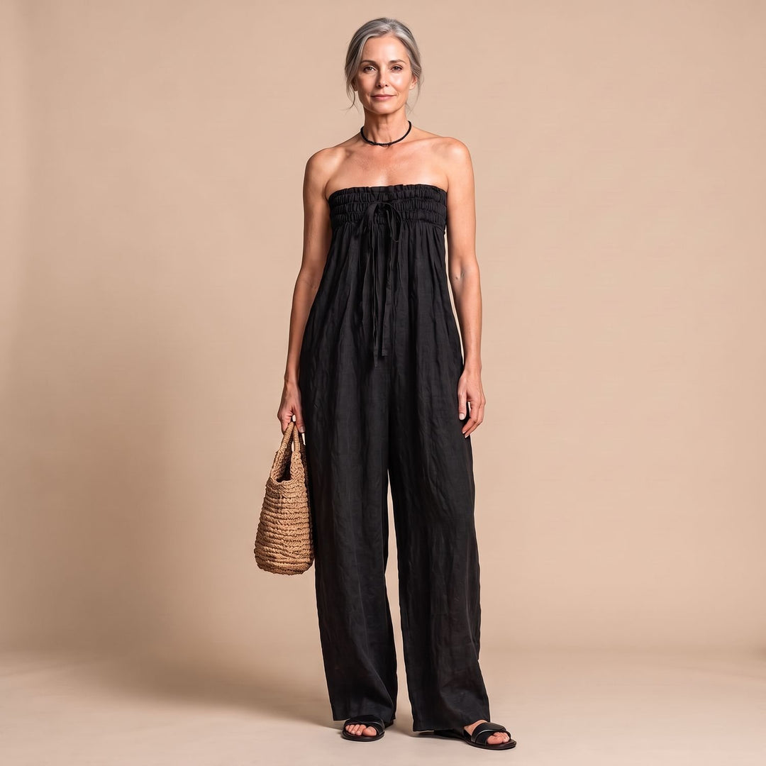 Dames Strapless Jumpsuit met Strikdetail en Wijde Pijpen - Zwart