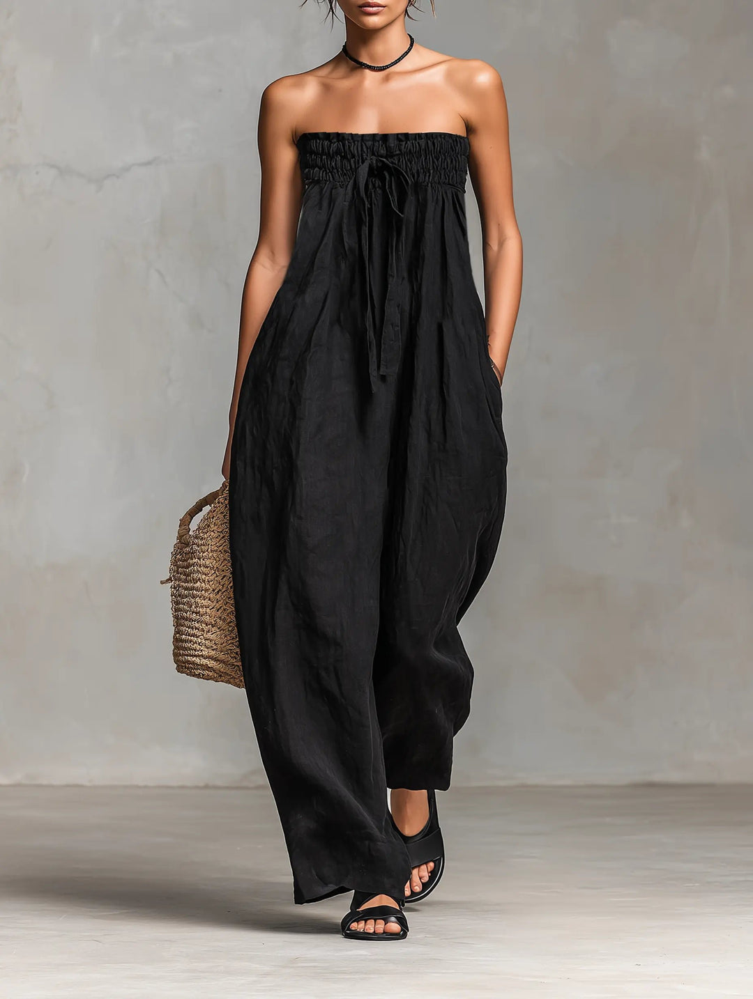 Dames Strapless Linnen Wide-Leg Jumpsuit - Black
