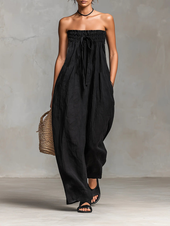 Dames Strapless Linnen Wide-Leg Jumpsuit - Black