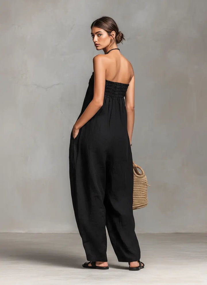Dames Strapless Linnen Wide-Leg Jumpsuit