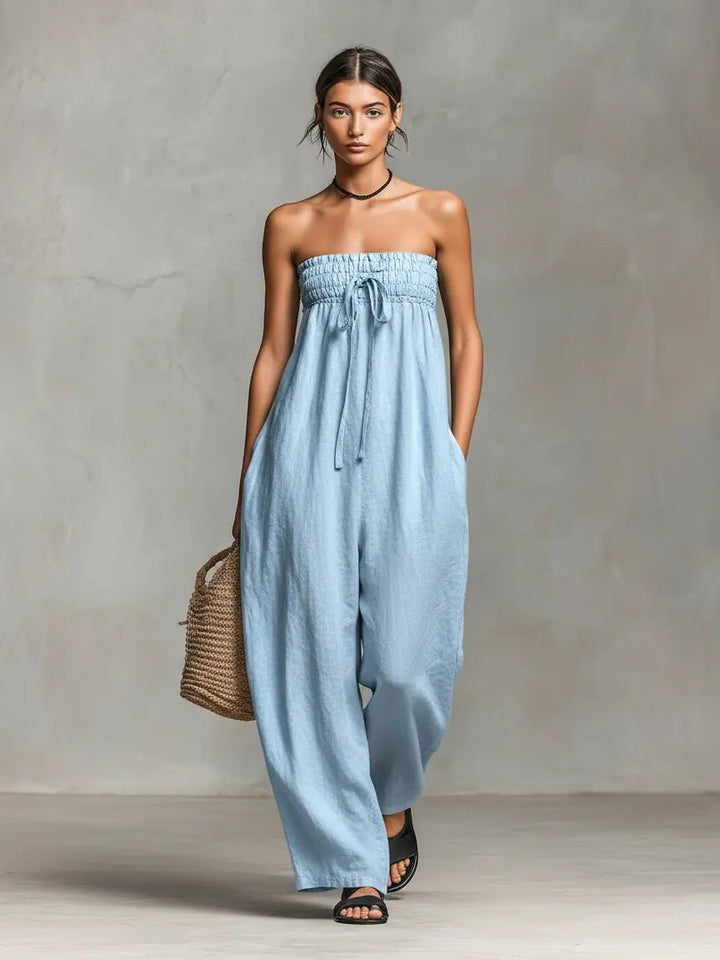 Dames Strapless Linnen Wide-Leg Jumpsuit - Light Blue
