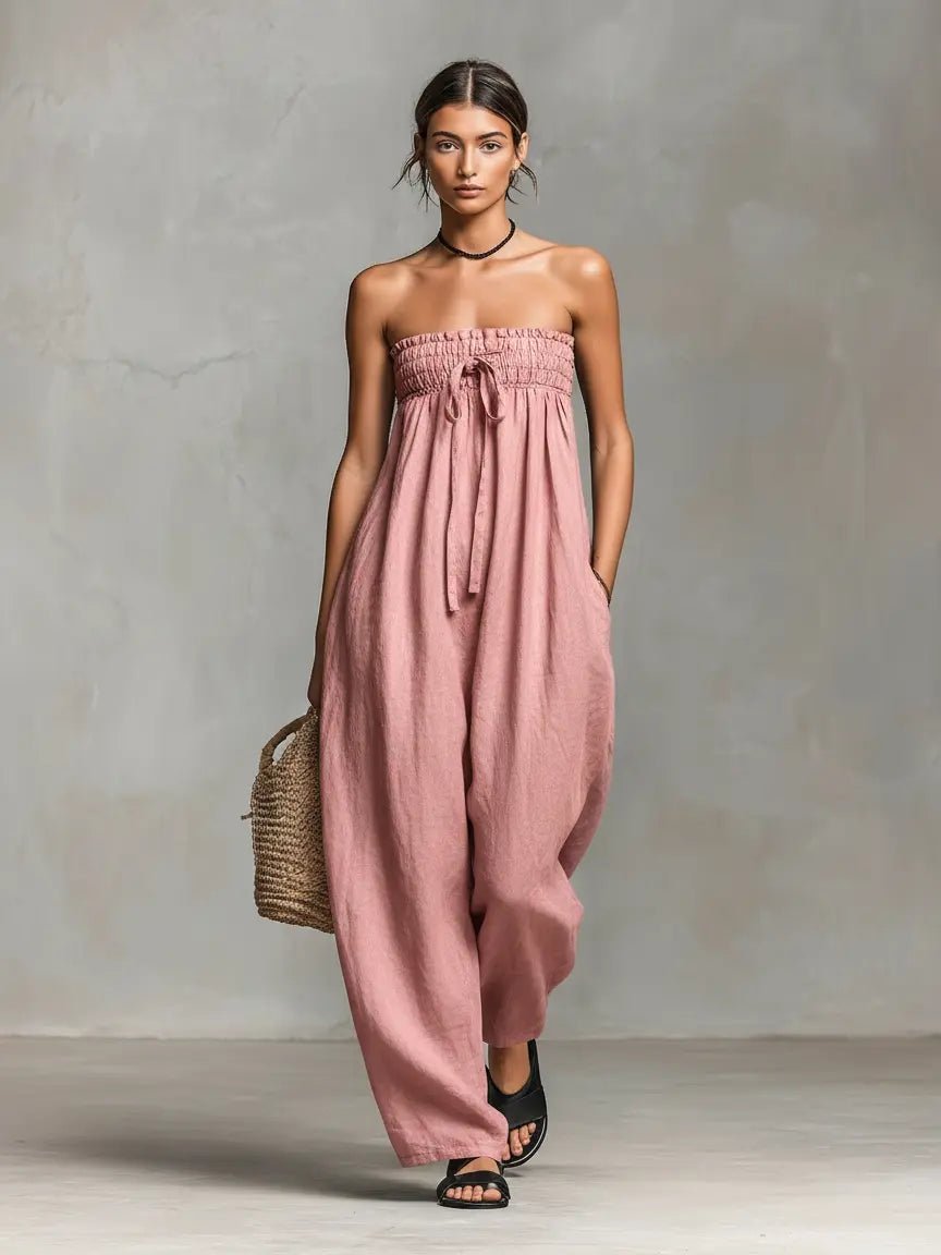Dames Strapless Linnen Wide-Leg Jumpsuit - Light Pink