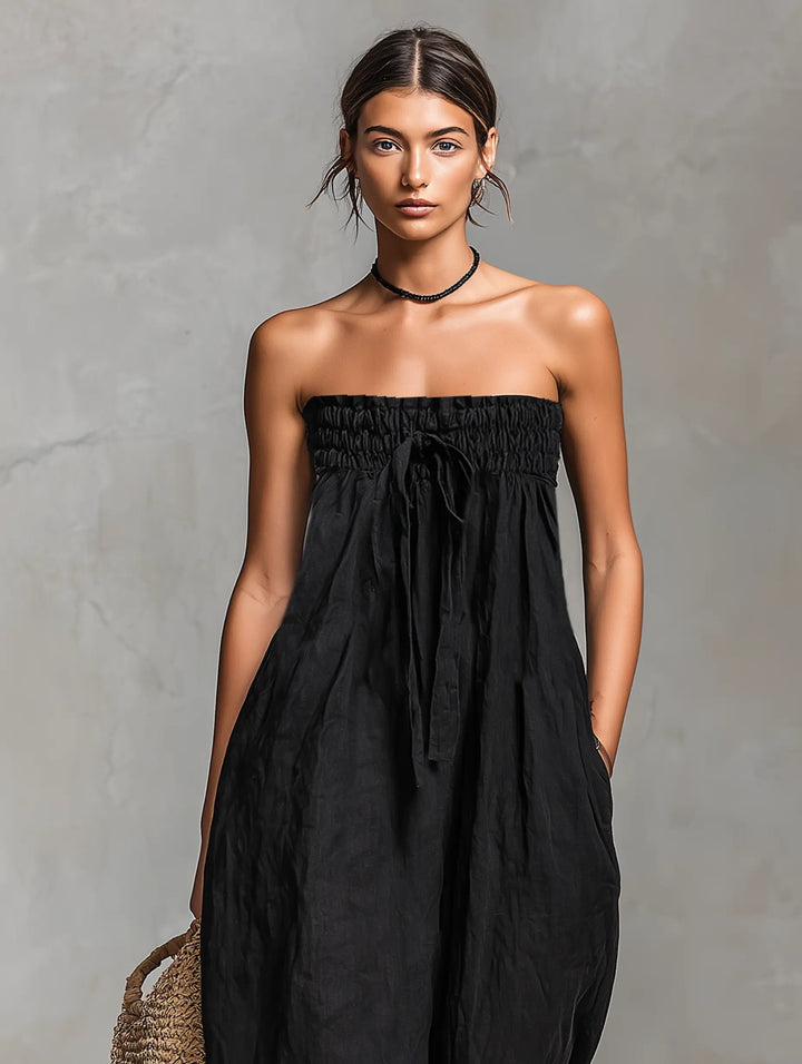 Dames Strapless Linnen Wide-Leg Jumpsuit