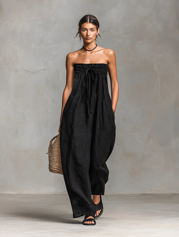 Dames Strapless Linnen Wide-Leg Jumpsuit