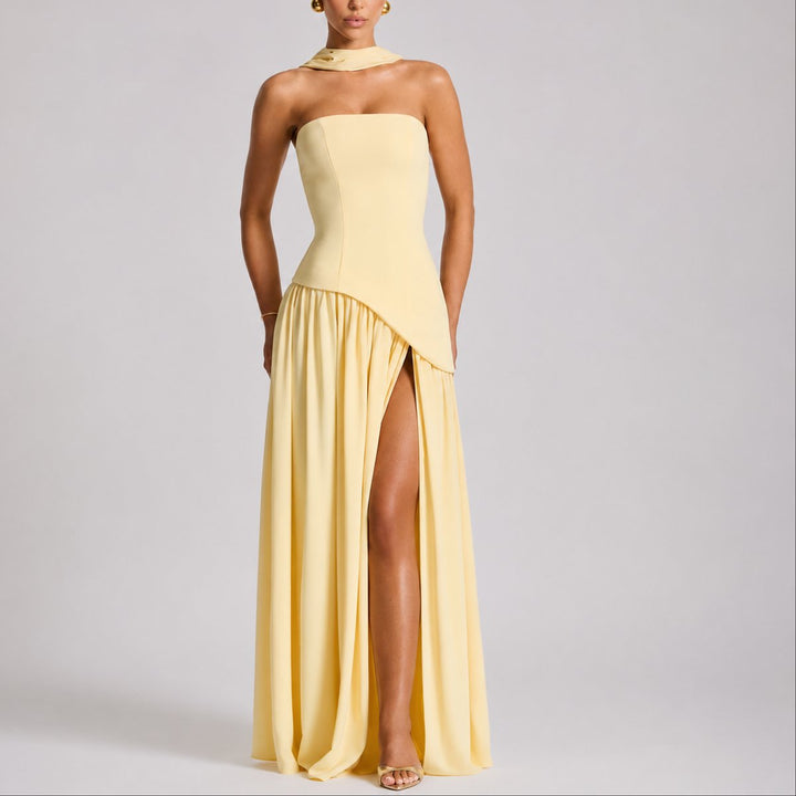 Dames Strapless Maxi Jurk Sjaal Rugdecolleté Bruiloft Gast - Geel
