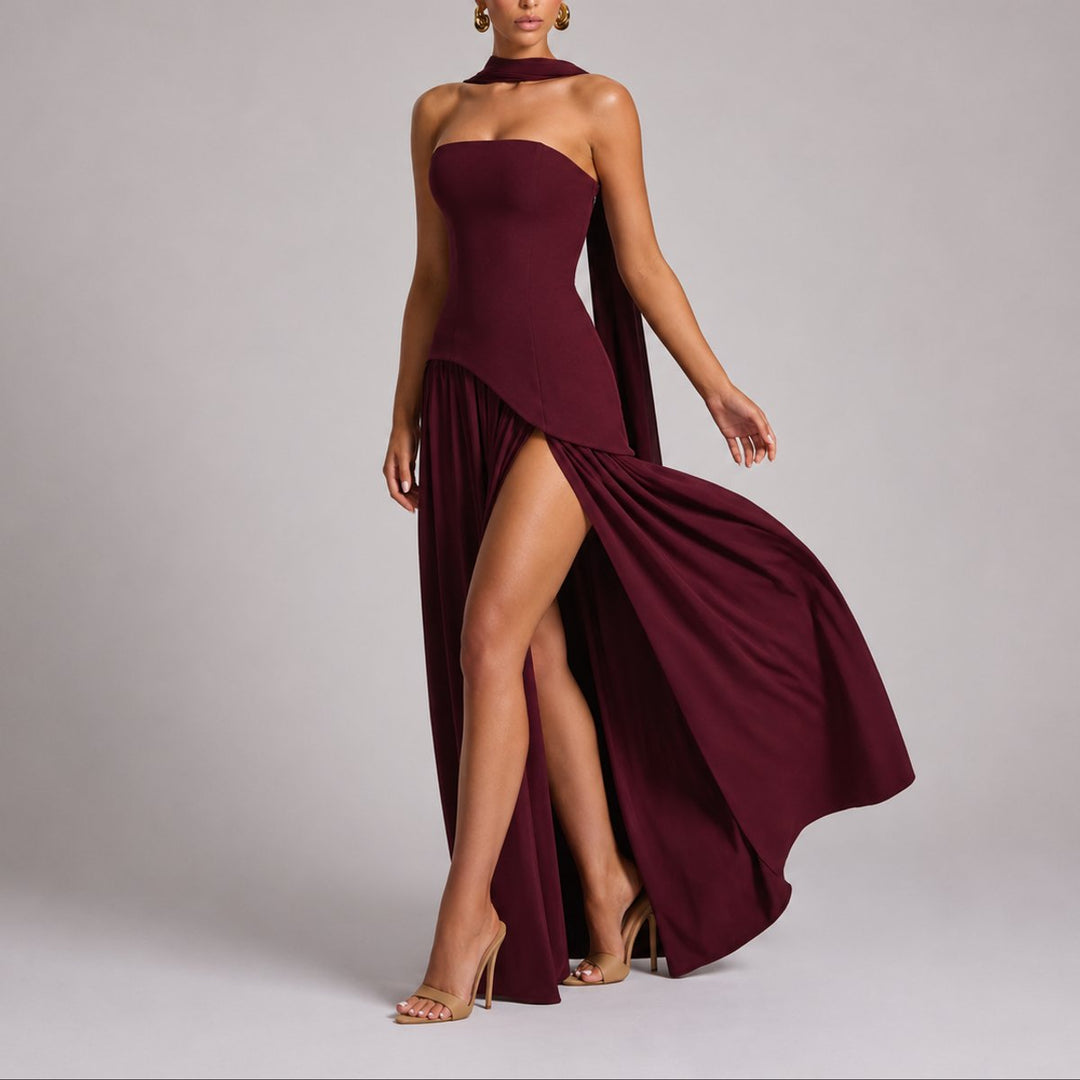 Dames Strapless Maxi Jurk Sjaal Rugdecolleté Bruiloft Gast - Rood