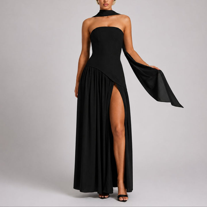 Dames Strapless Maxi Jurk Sjaal Rugdecolleté Bruiloft Gast - Zwart