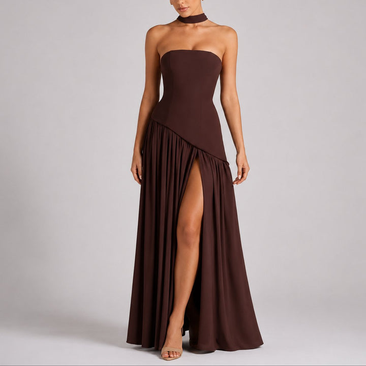 Dames Strapless Maxi Jurk Sjaal Rugdecolleté Bruiloft Gast - Bruin