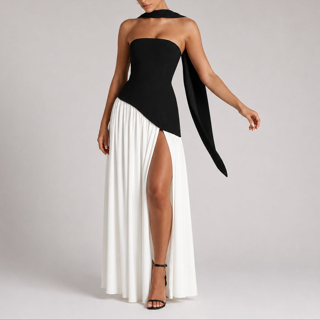 Dames Strapless Maxi Jurk Sjaal Rugdecolleté Bruiloft Gast - Wit