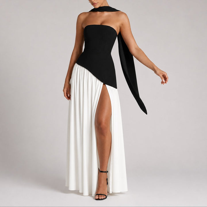 Dames Strapless Maxi Jurk Sjaal Rugdecolleté Bruiloft Gast - Wit