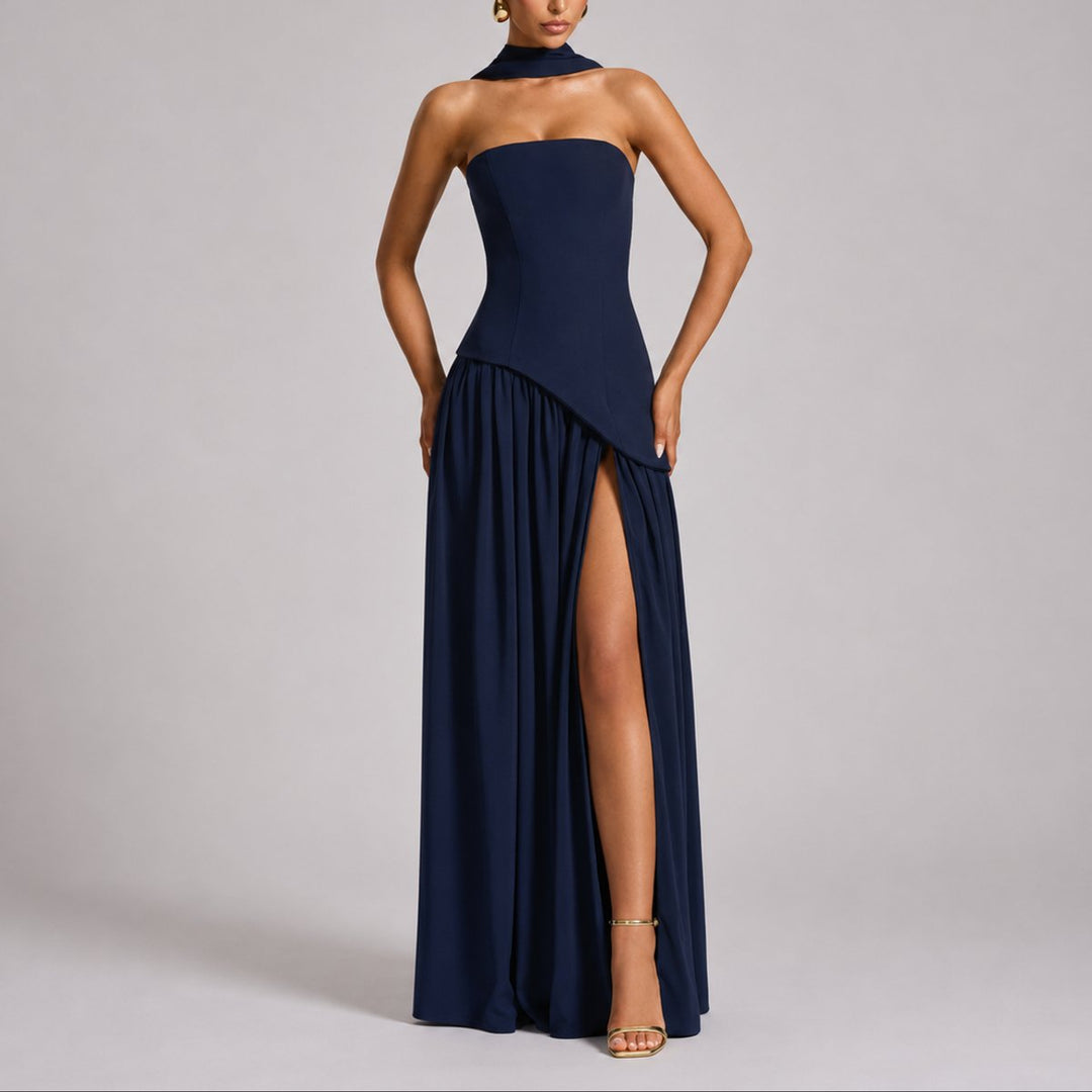 Dames Strapless Maxi Jurk Sjaal Rugdecolleté Bruiloft Gast - Marineblauw