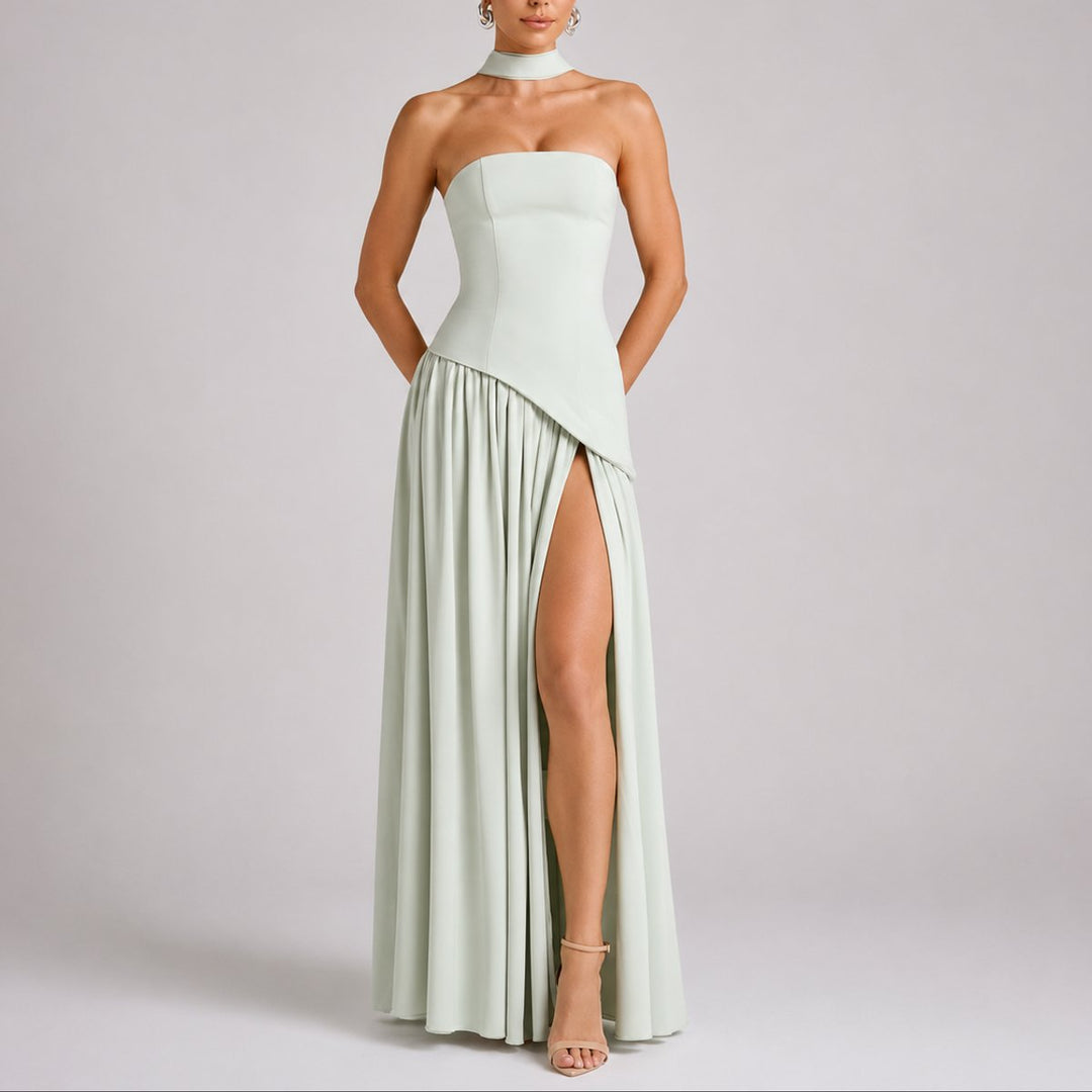 Dames Strapless Maxi Jurk Sjaal Rugdecolleté Bruiloft Gast - Lichtgroen