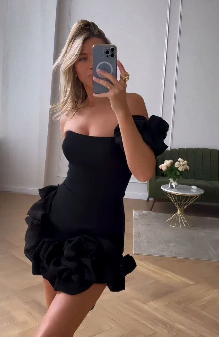 Dames Strapless Mini Cocktailjurk Driedimensionale Bloemenrok - Zwart