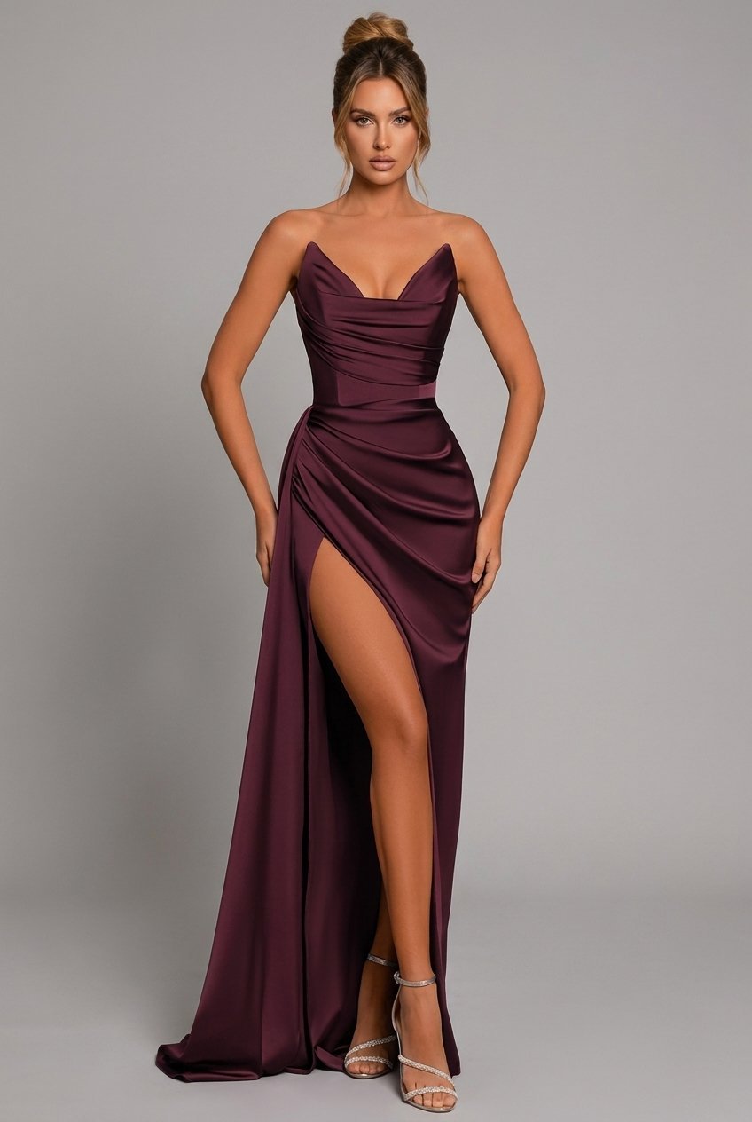 Dames Strapless Satin Maxi Jurk Geplooide Split - Crimson Red