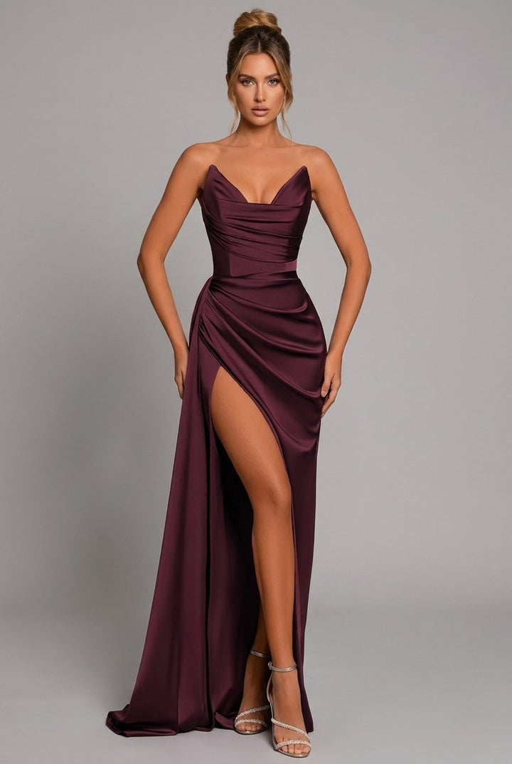 Dames Strapless Satin Maxi Jurk Geplooide Split - Crimson Red