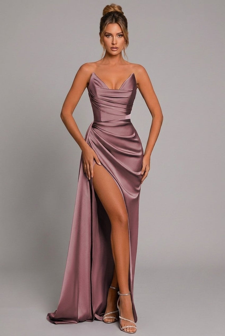 Dames Strapless Satin Maxi Jurk Geplooide Split - Dusty Rose