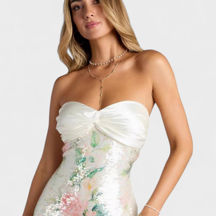 Dames Strapless Sweetheart Gerucht Bloemen Pailletten Mini-jurk
