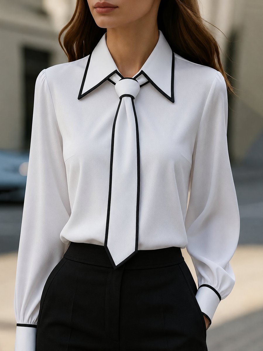 Dames Strikblouse Lange Mouw Contrastbies Afneembare Stropdas - White