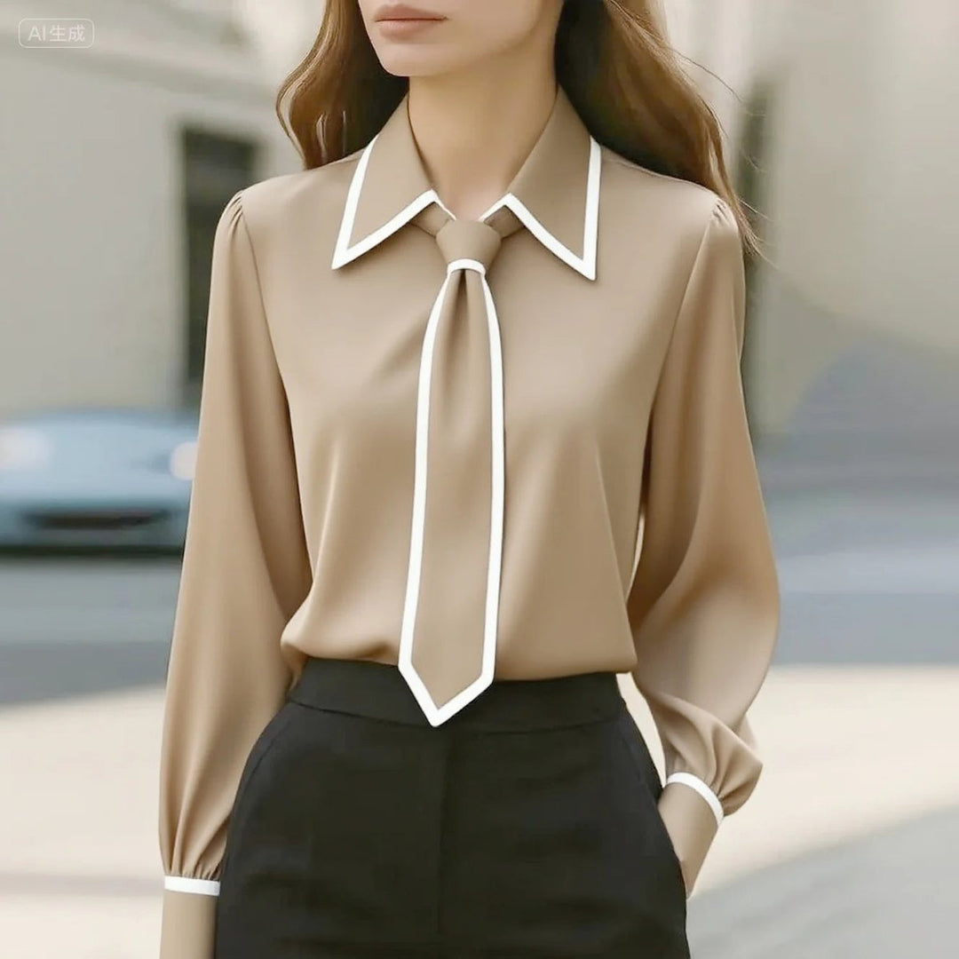Dames Strikblouse Lange Mouw Contrastbies Afneembare Stropdas - Beige