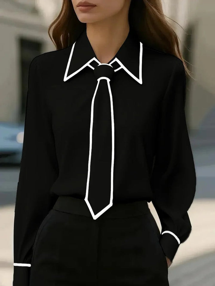 Dames Strikblouse Lange Mouw Contrastbies Afneembare Stropdas - Black