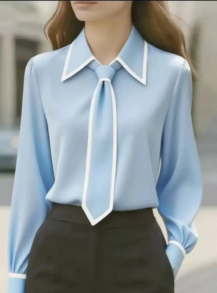 Dames Strikblouse Lange Mouw Contrastbies Afneembare Stropdas - Sky Blue