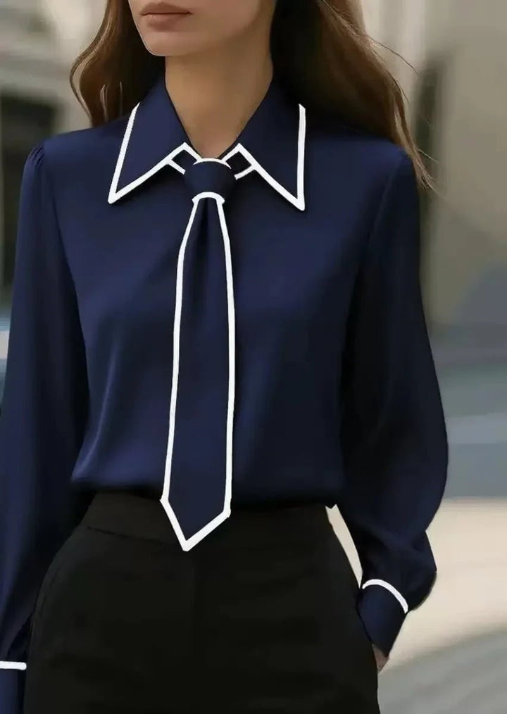 Dames Strikblouse Lange Mouw Contrastbies Afneembare Stropdas - Navy Blue