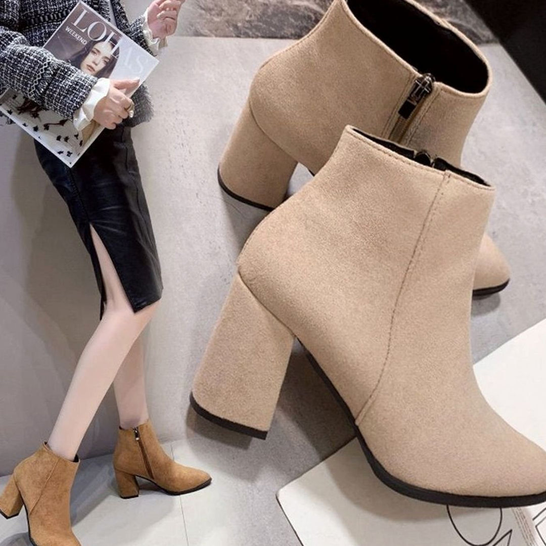 Dames Suède Ankle Boots Blokhak Rits Puntneus
