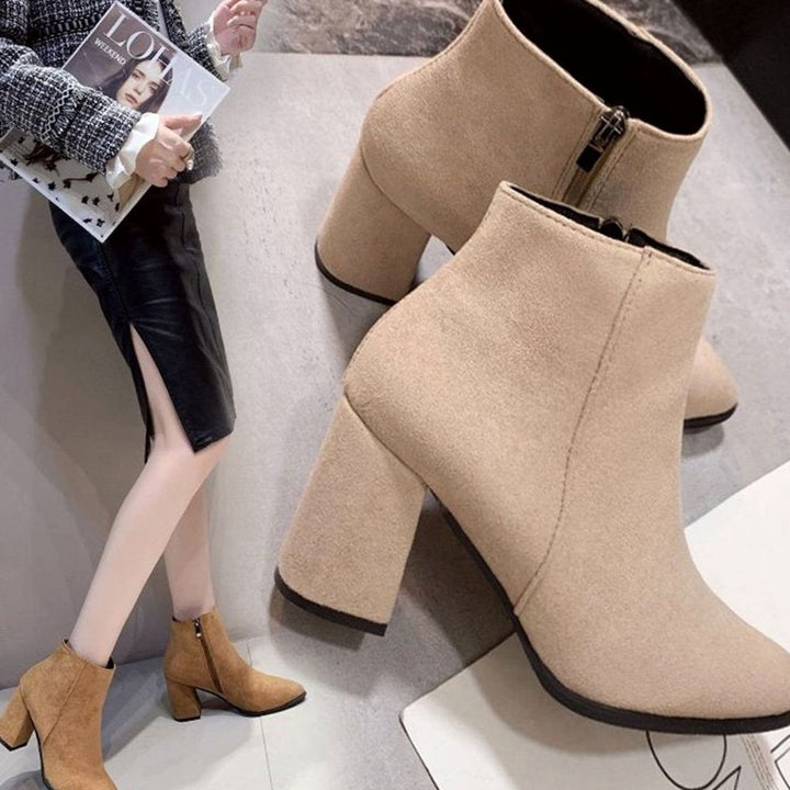 Dames Suède Ankle Boots Blokhak Rits Puntneus