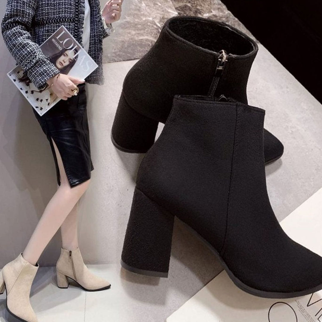 Dames Suède Ankle Boots Blokhak Rits Puntneus