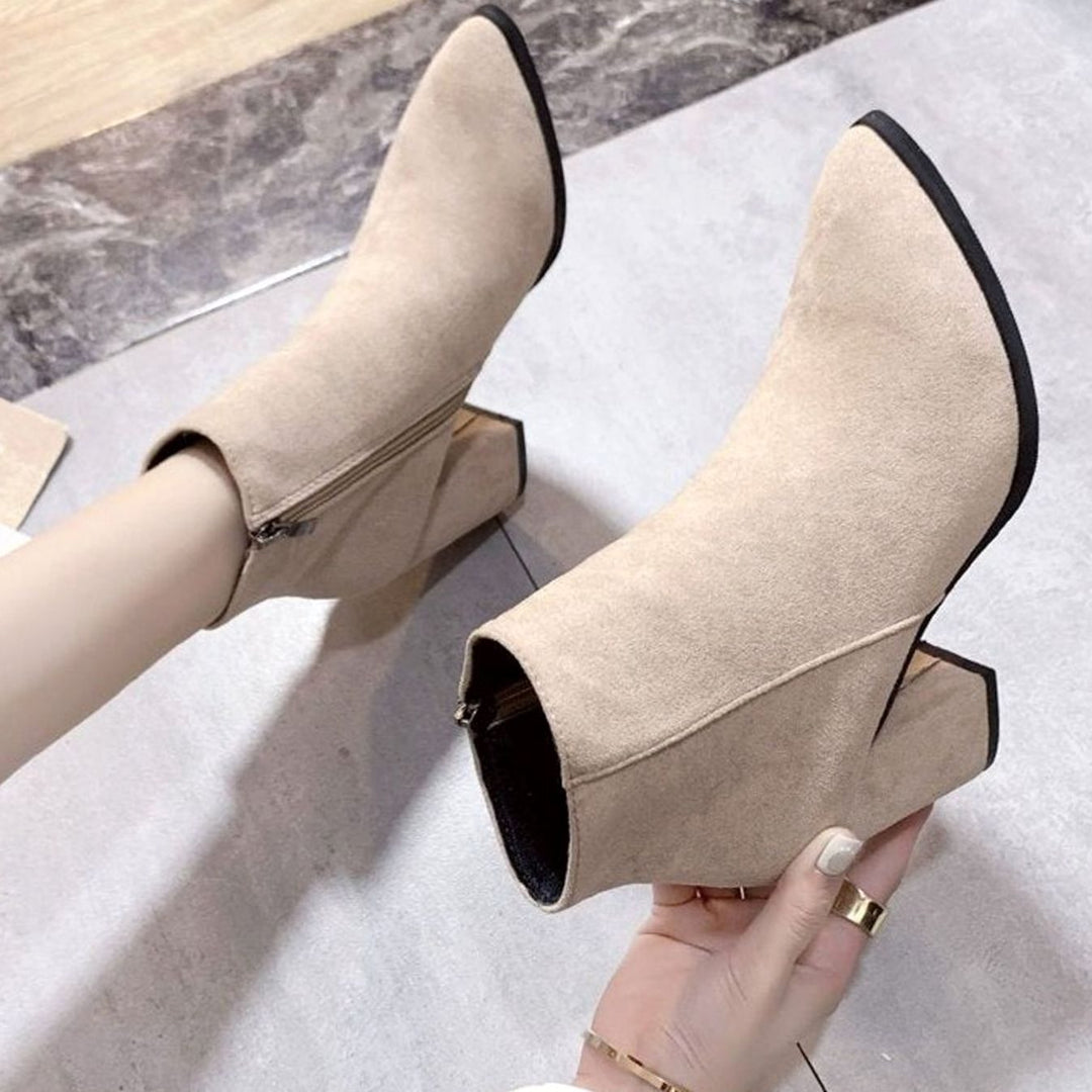 Dames Suède Ankle Boots Blokhak Rits Puntneus
