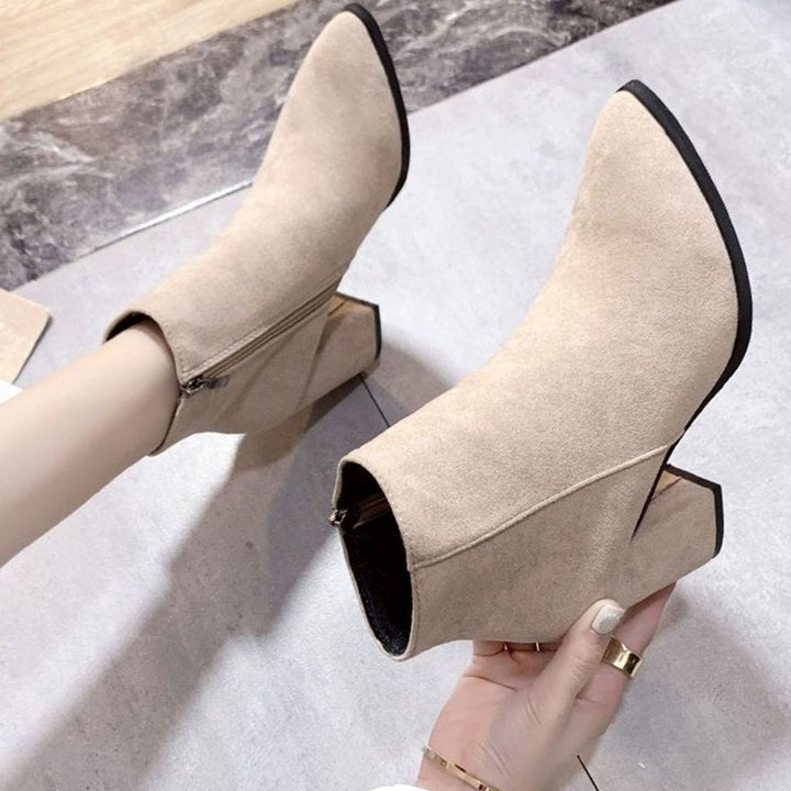 Dames Suède Ankle Boots Blokhak Rits Puntneus