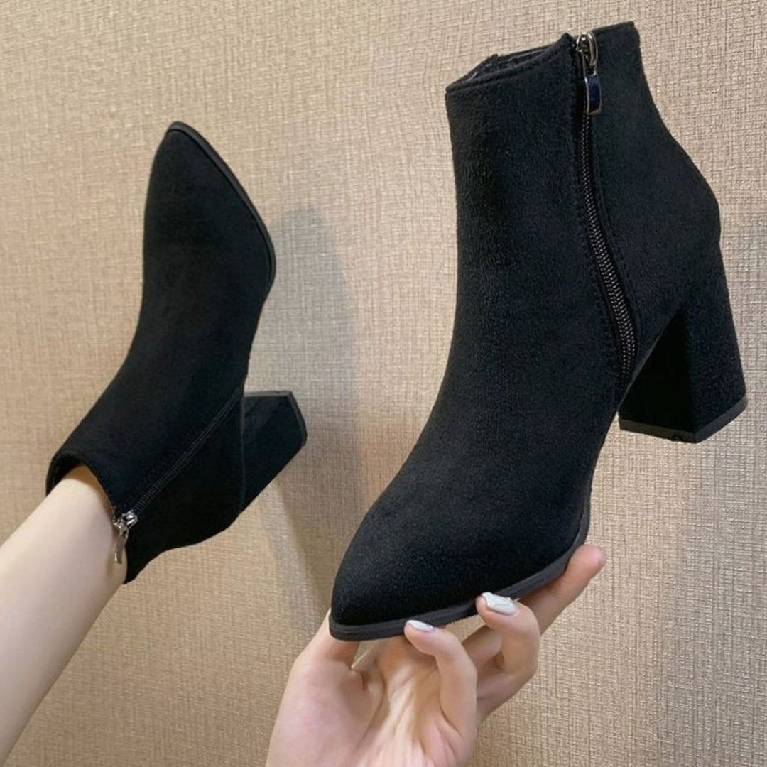 Dames Suède Ankle Boots Blokhak Rits Puntneus